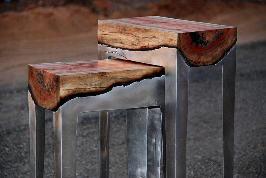 Dramatic contrast between wood and aluminum- Stools by Hilla Shamia (www.decoist.com)