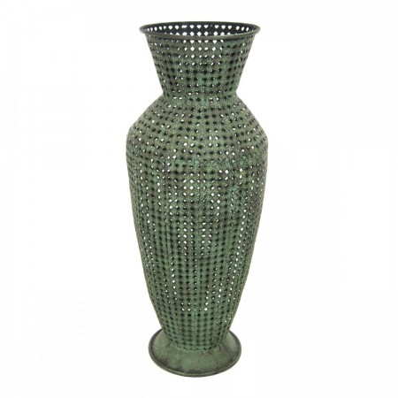 A trendy green vase with a perforated design.