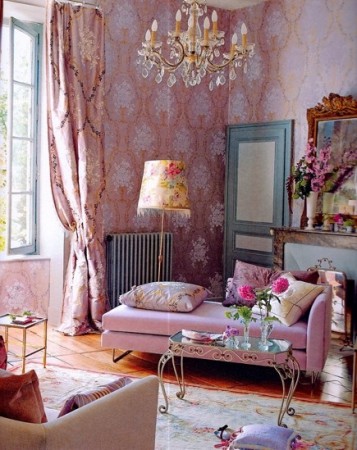 Soft pink tones with vintage touches create a feminine space