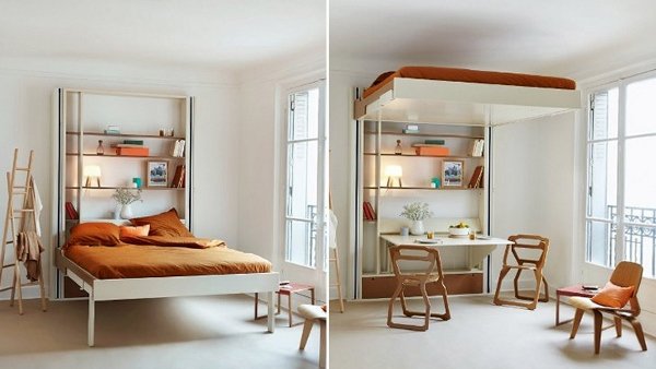 Two pictures of a small bedroom with a space-saving bed and a desk.