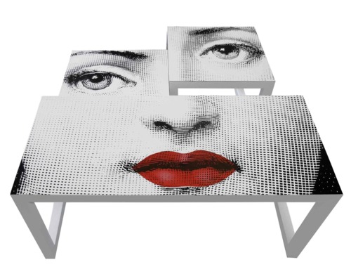 A table inspired by Piero Fornasetti and adorned with a woman's face.