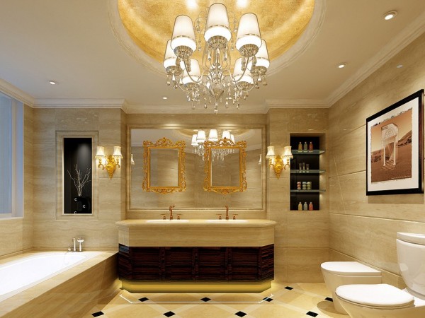 A luxurious bathroom with a gold floor and a chandelier.