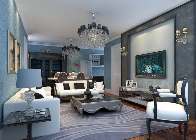 A blue-themed living room with white furniture.