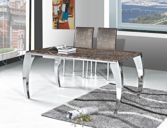 A marble dining table in a room with a view of the city.