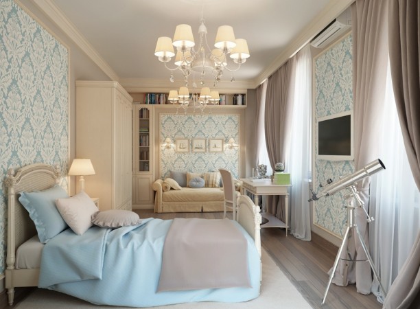 A bedroom with a blue chandelier and white wallpaper.