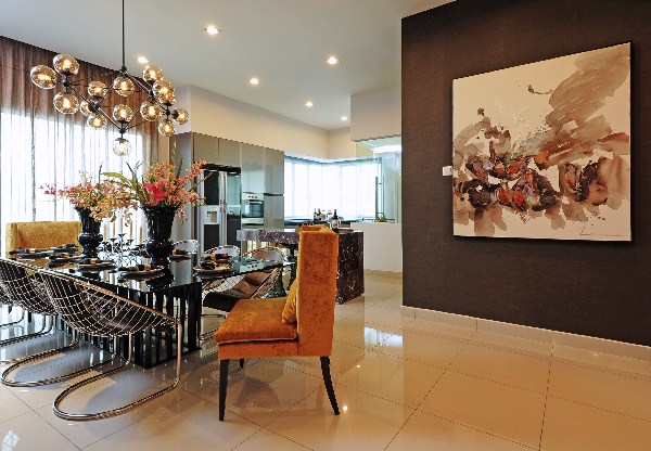 A modern dining room with a bold and large painting on the wall.