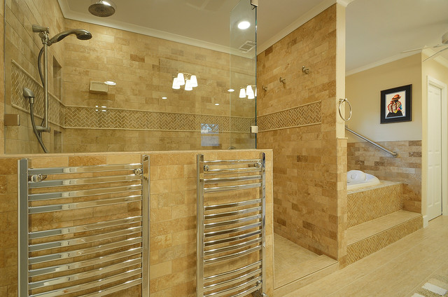 A roomy shower in this beautiful modern bathroom