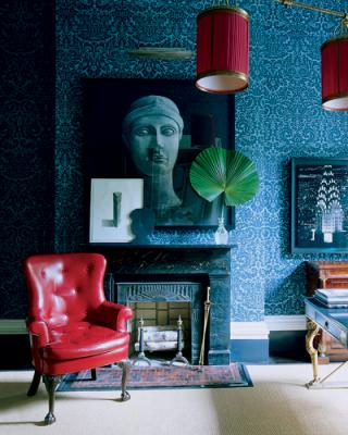 Various blues with red accents highlight this room 