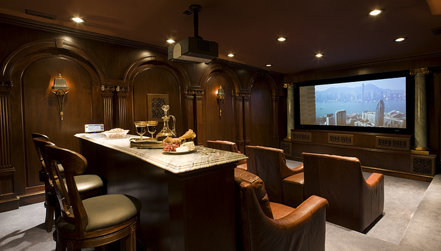 A home theater complete with bar