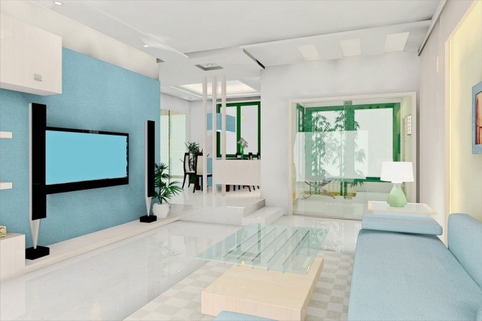 A 3D rendering of a living room with blue walls, an interior design tribute to blue.