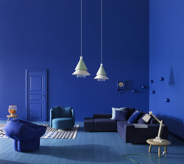 A blue-themed living room.