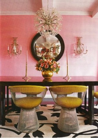 Adding black to pink and gold color scheme grounds the space and provides contrast 