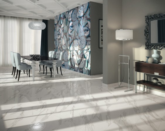 A modern dining room with a marble floor- 5 Reasons to Love Marble in Your Home.
