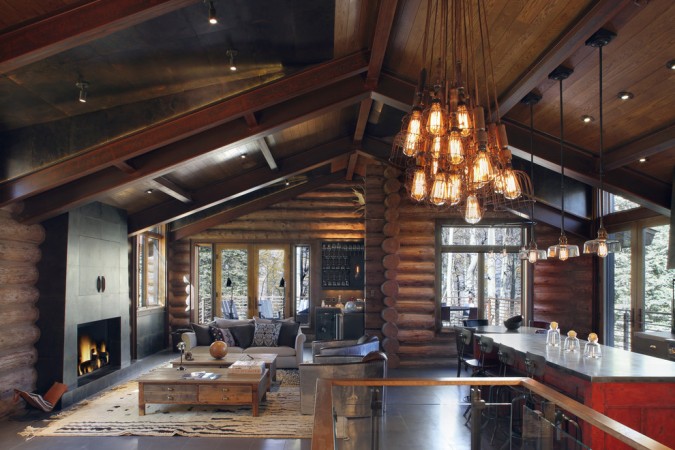 A log cabin living room.