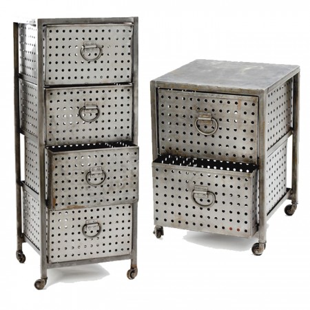 Two trendy metal drawers on wheels with perforated design, placed side by side.