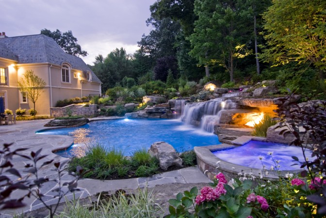 A beautiful swimming pool accented with waterfalls