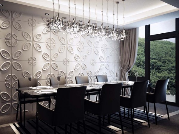 Textured wall panels add dimension to this dining area 