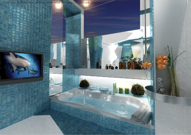 A 3D rendering of a bathroom with blue tiles as an interior design tribute to blue.
