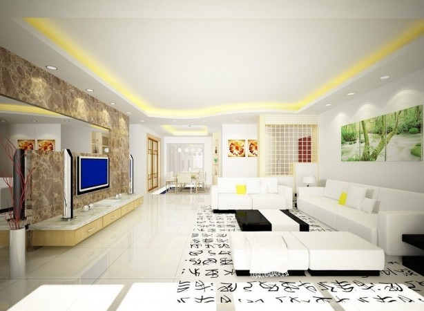 3d rendering of a living room with white furniture and yellow accents showcasing minimalist interior design.