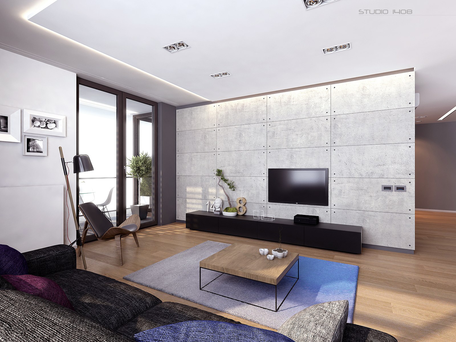 A modern living room with concrete walls and a tv showcases minimalist interior design.