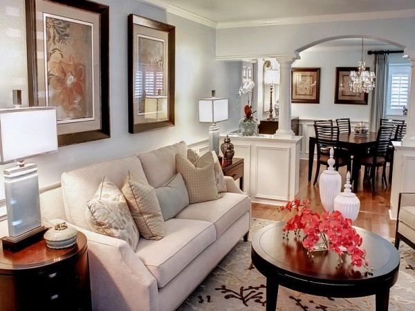 A fresh living room with beige furniture.