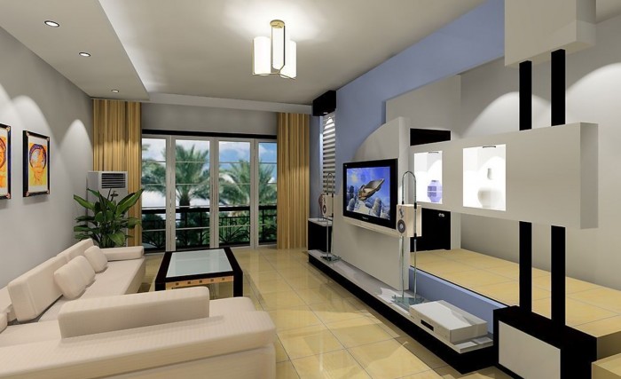 A modern 3D rendering of a living room with a TV.