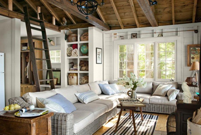 A lake home interior featuring wicker furniture.