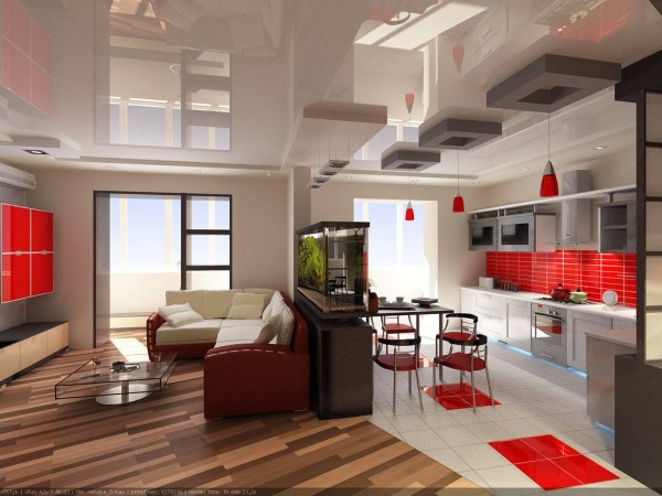 A modern 3d rendering of a kitchen with red and white accents.