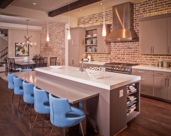 A welcoming kitchen with exposed brick walls