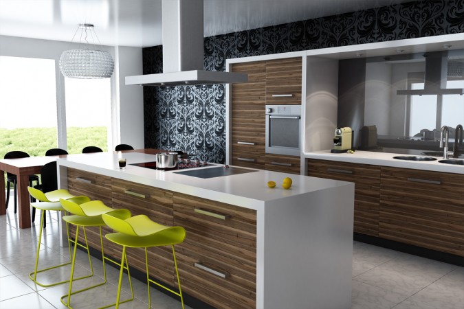 A modern kitchen with vibrant yellow stools.