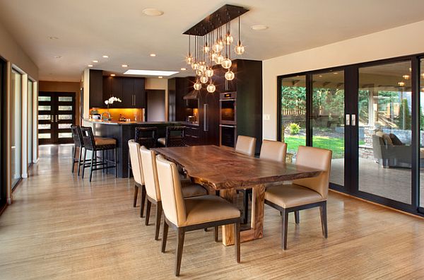 A beautiful wood tabletop enhances this modern dining space