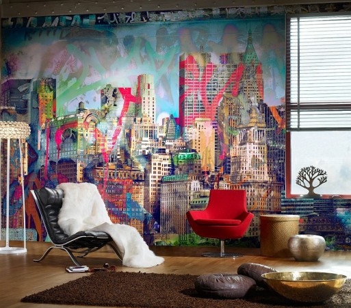 A striking mural takes center stage in this modern room