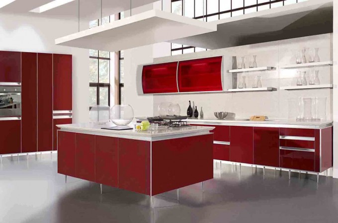 Keywords: modern kitchen

Description: A stylish modern kitchen featuring sleek red and white cabinets.