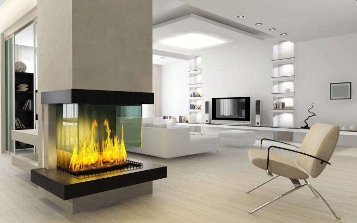A modern living room with a fireplace designed for every taste.