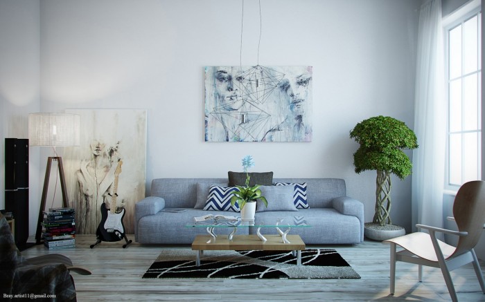 A modern living room with a blue couch for art lovers.