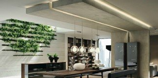 Modern dining area enhanced with plant wall