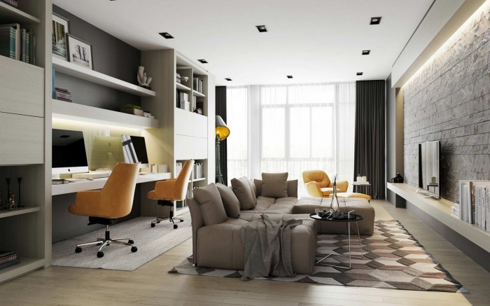 A modern living room with a desk and chairs that breaks the mold in inspiring home offices.