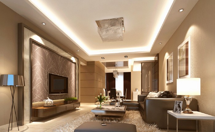 A modern living room with beige walls and minimalist furniture.