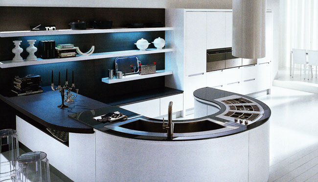 A modern black and white kitchen.