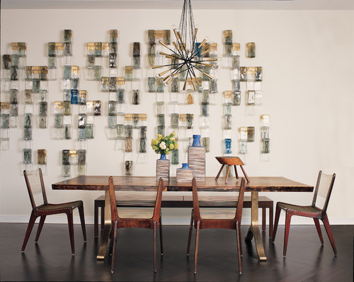 Unique wall display enhances this modern dining space 
