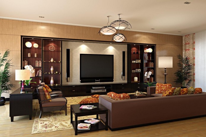 The television integrates into this room design
