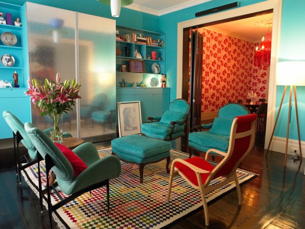Bright color dominates this eclectic interior 