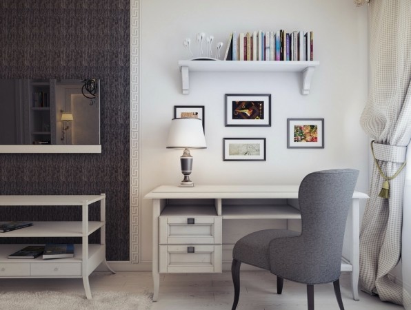 A white and gray bedroom with a desk and chair that breaks the mold.