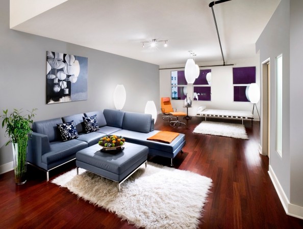 A modern living room with hardwood floors and a blue couch.