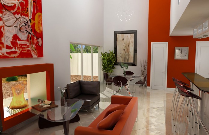 A modern living room with orange walls.