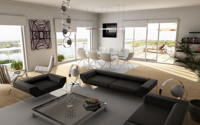 A modern living room with a table and chairs.