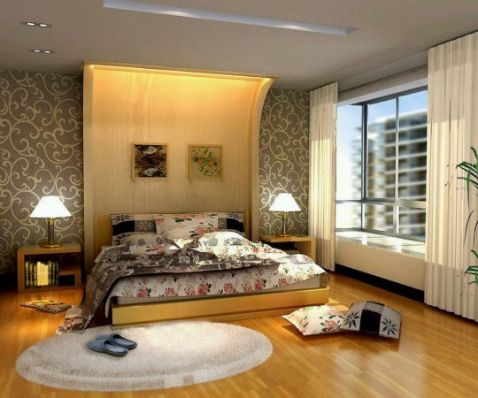 A serene bedroom featuring wooden floors and a cozy bed.