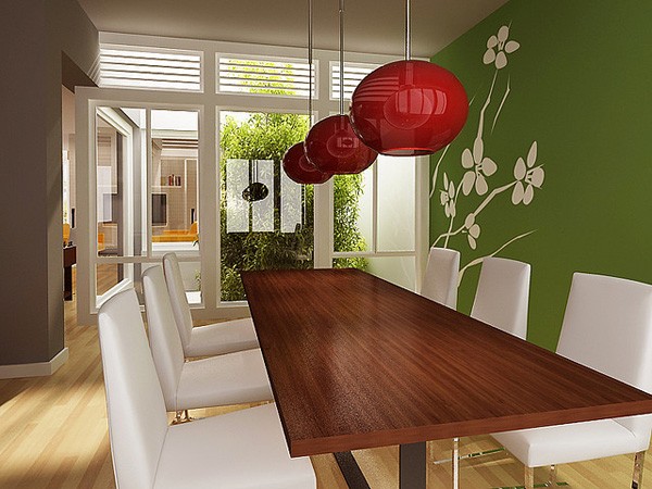 Colorful walls and red lanterns compliment in this modern dining area