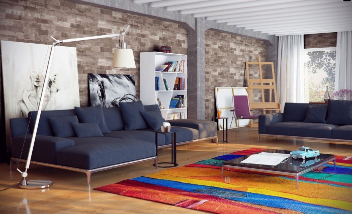 A living room with modern interiors and colorful rug.