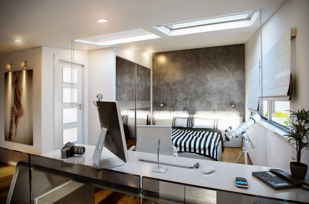 A modern bedroom with a skylight, perfect for home office designs to love.